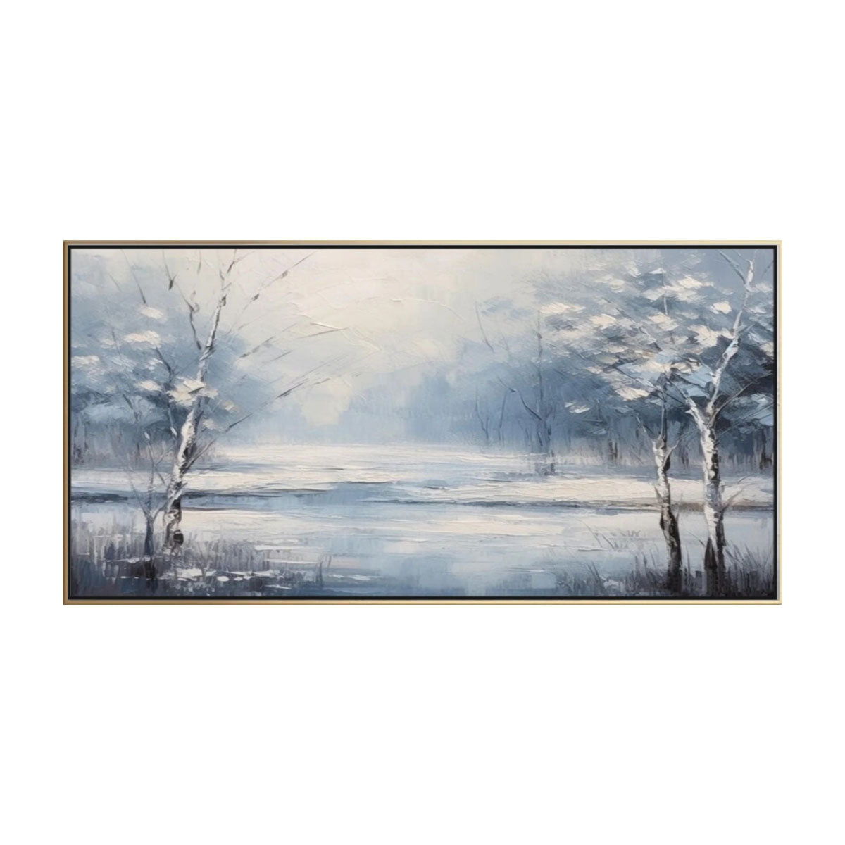 Mist Blue Lake Winter Forest Abstract Painting