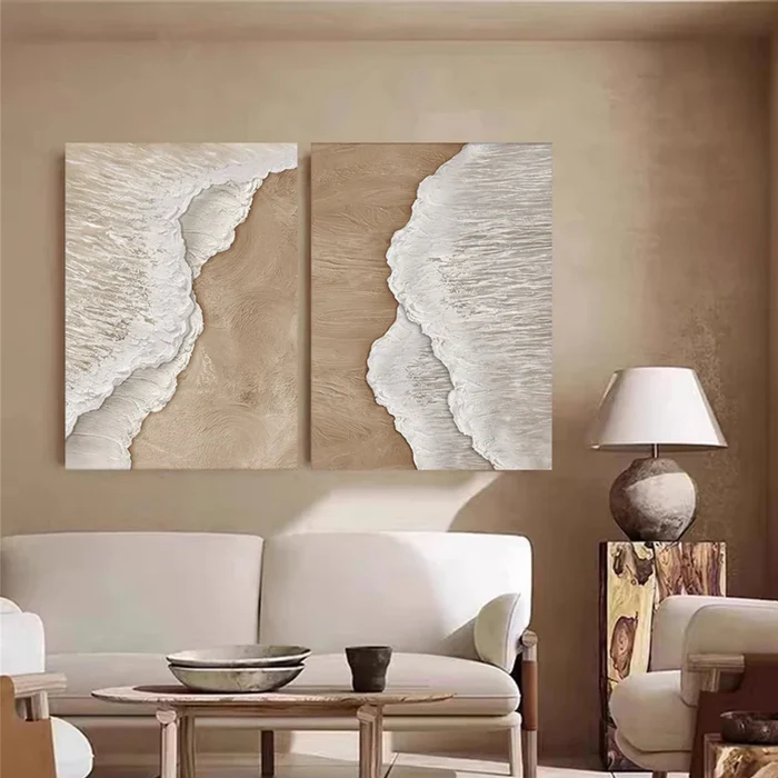Serene Shore Beige Textured Painting Set Set of 2