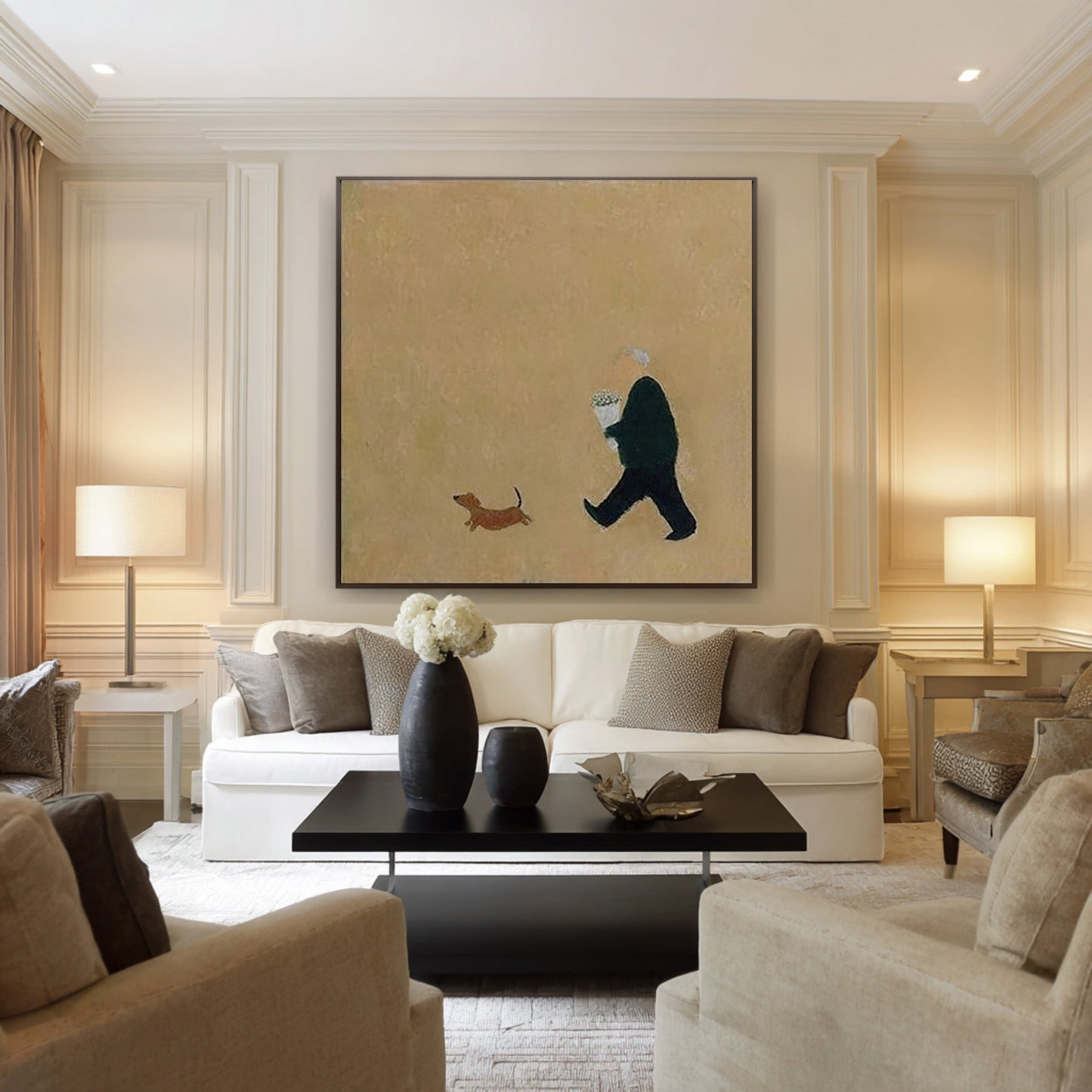 Bouquet & Little Dog Minimalist Painting