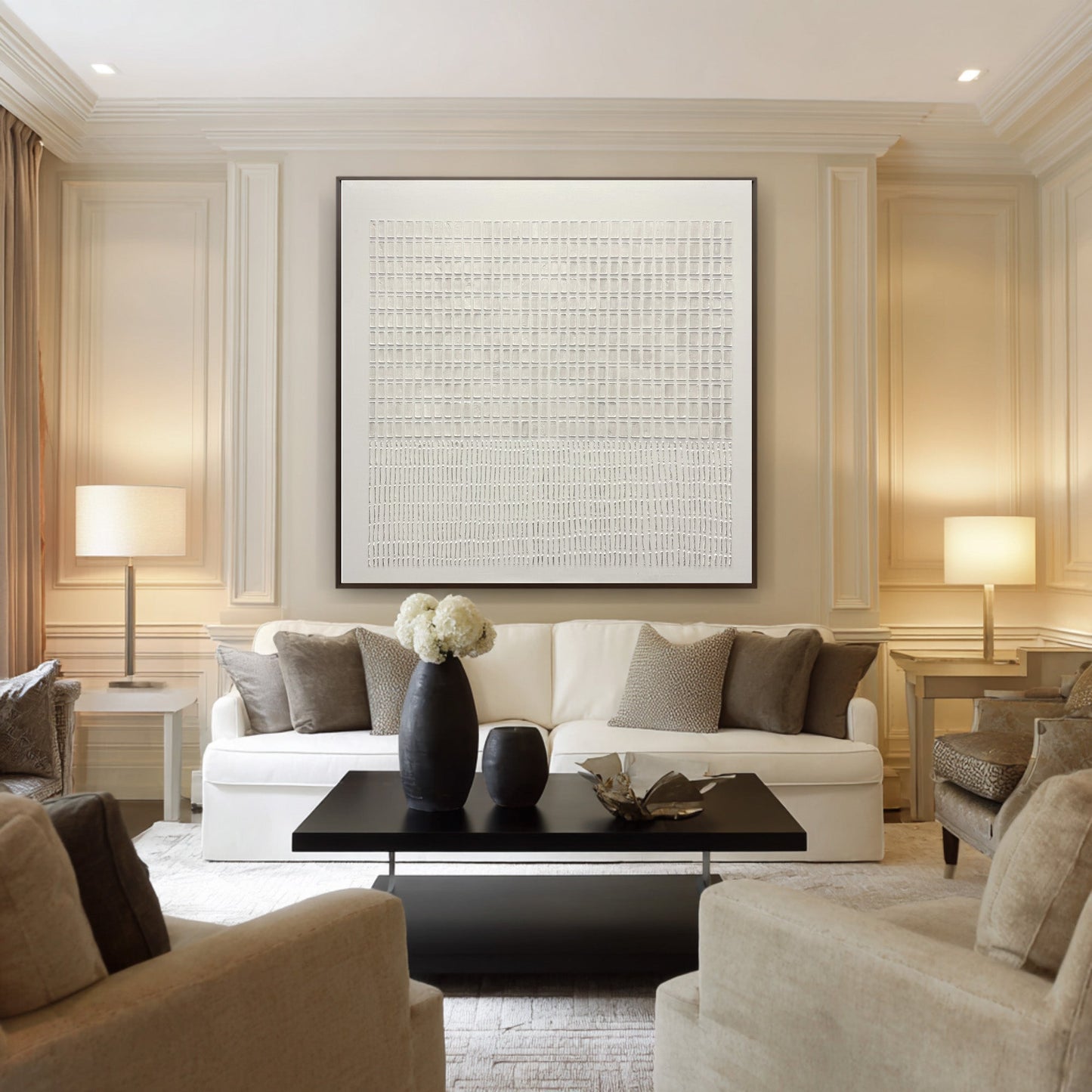 Moonlit White Relief Grid Abstract Painting