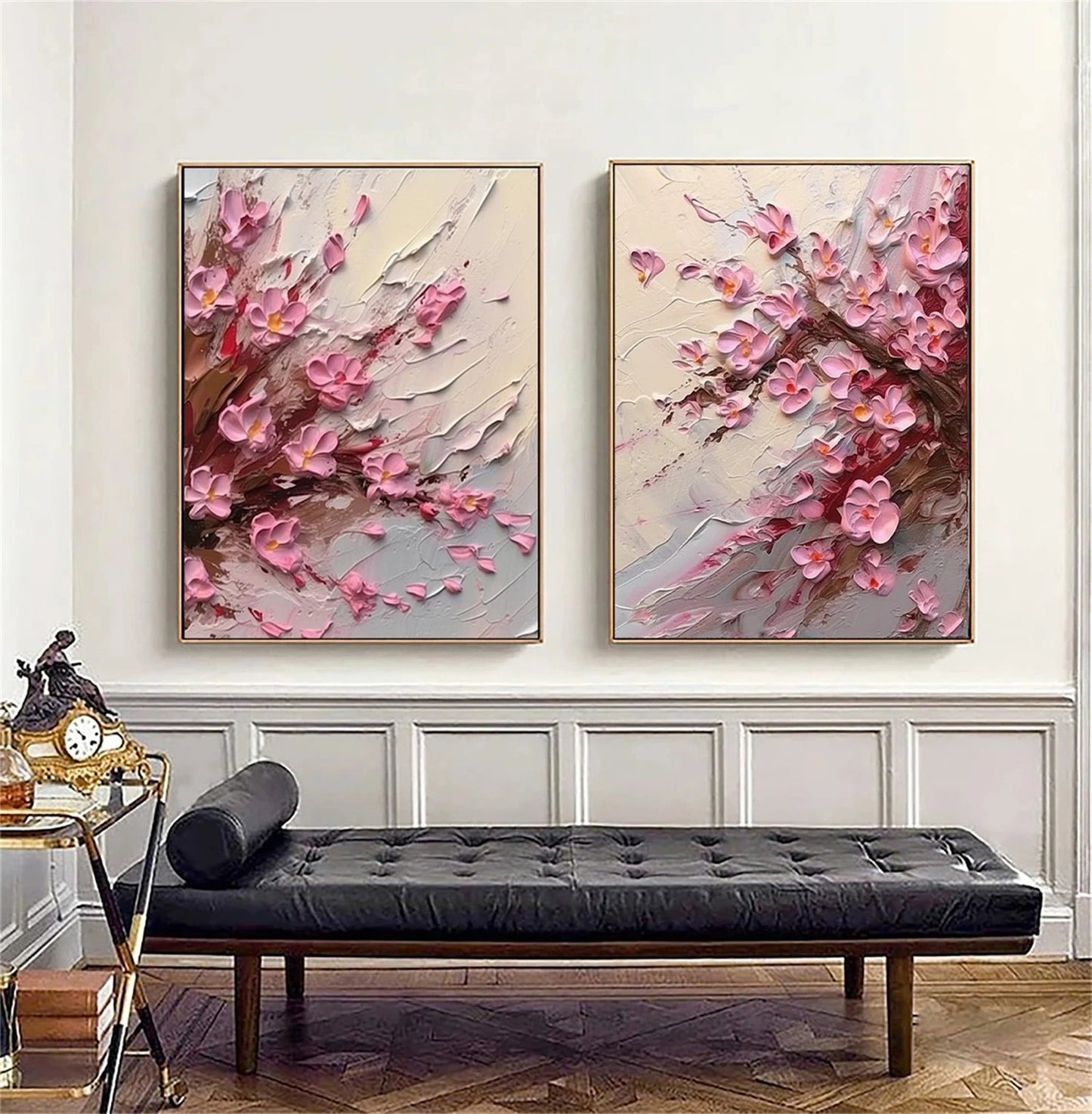 Set of 2 Soft Blush Petal Motion Floral Diptych Painting