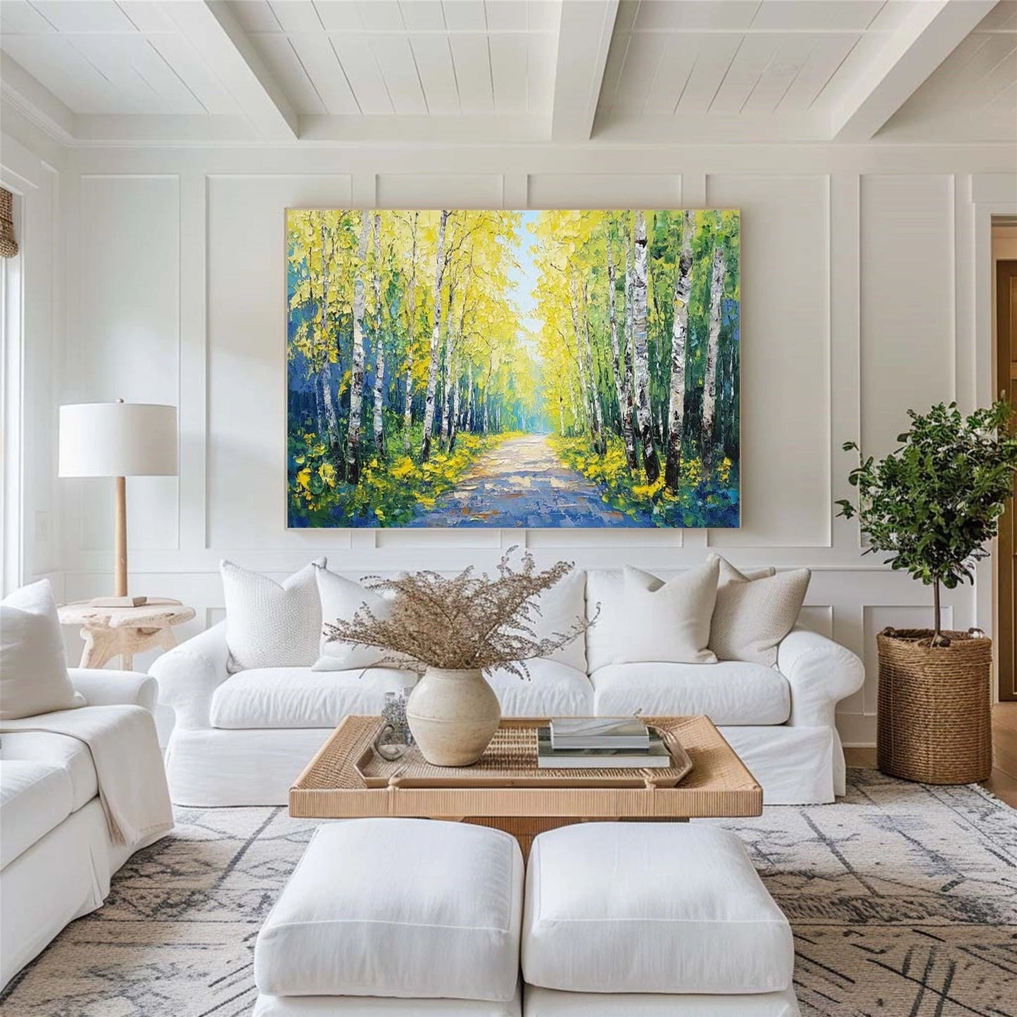 Golden Birch Path Landscape Painting