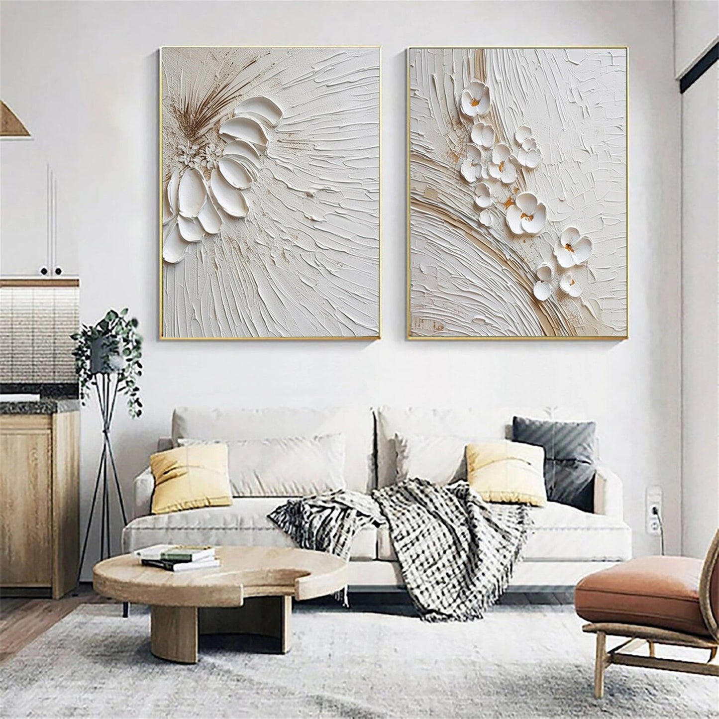 Set of 2 Ivory Whisper Textured Floral Abstract Painting