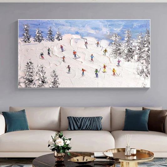 Snowfield Symphony – Group Skiers Textured Painting