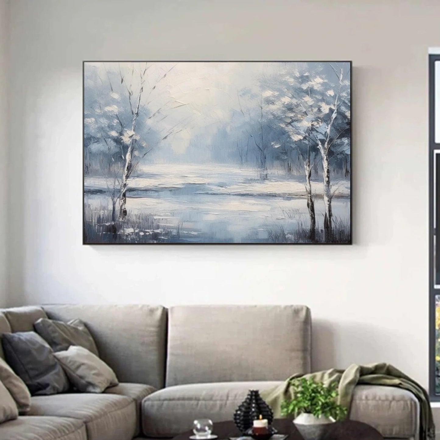 Mist Blue Lake Winter Forest Abstract Painting