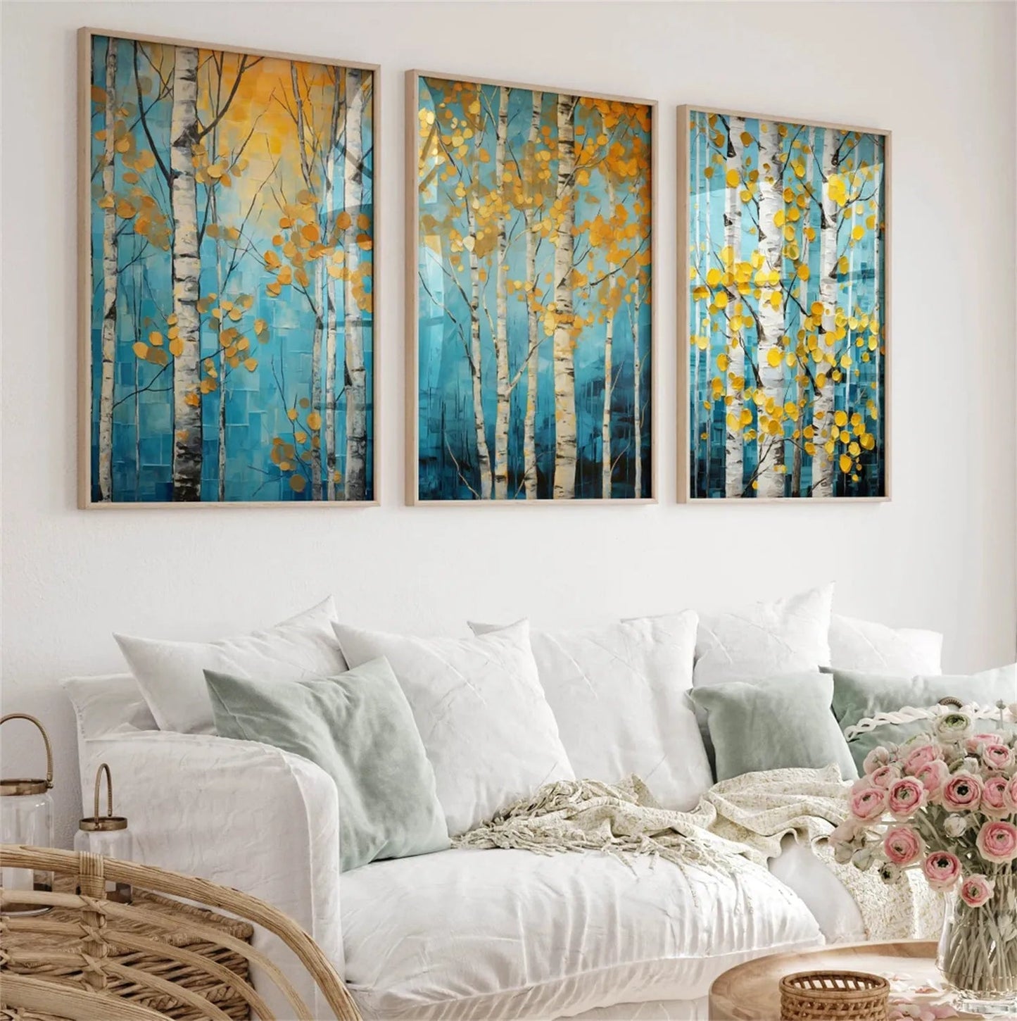Golden Leaves Birch Forest Triptych Painting Set of 3