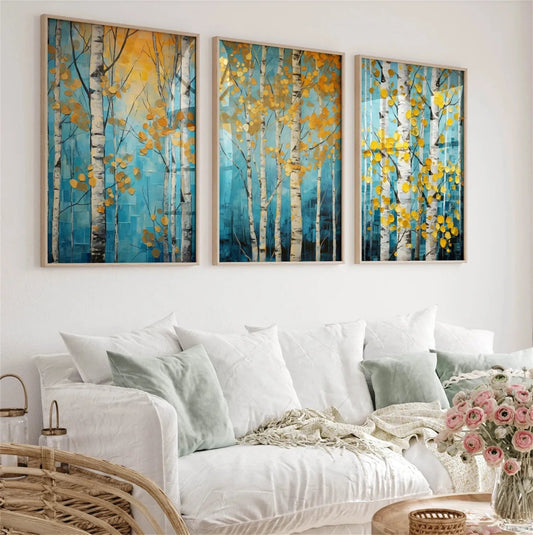 Golden Leaves Birch Forest Triptych Painting Set of 3