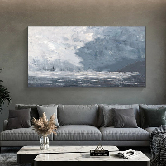 Misty Blue Coastline – Minimal Seascape Painting