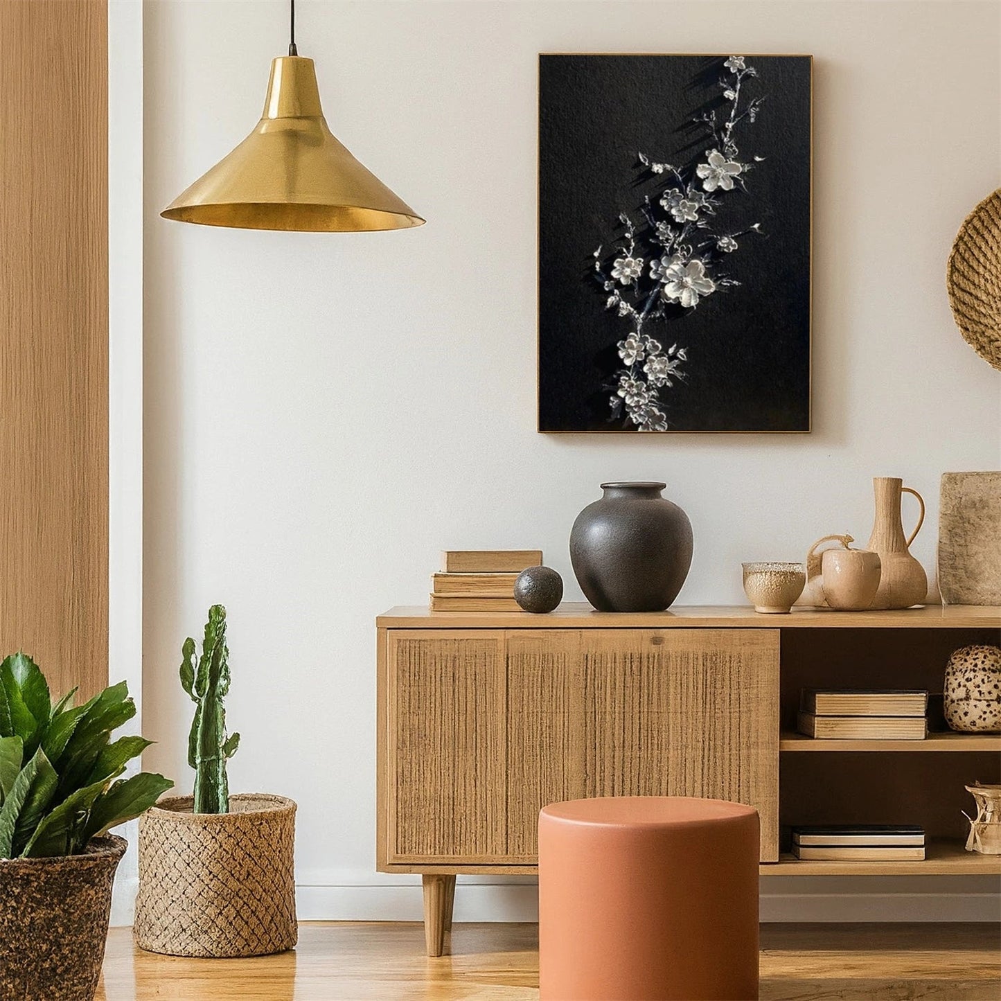 Midnight Silver Blossom Abstract Painting