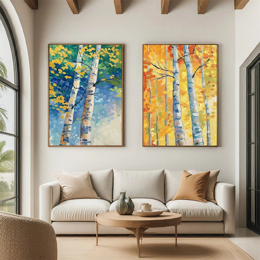 Set of 2 Autumn Light Birch Diptych Painting