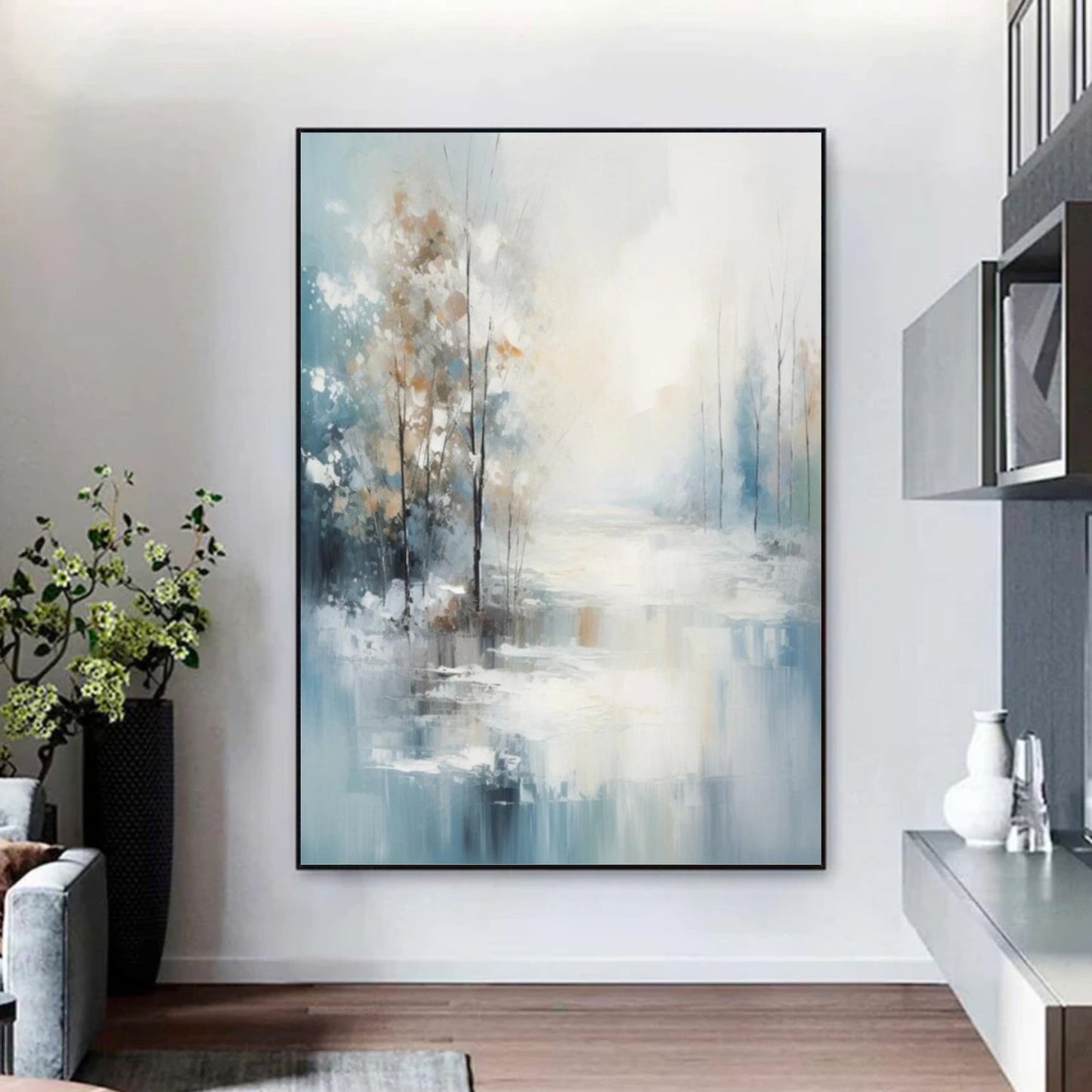 Morning Mist Lakeside Blue Gray Abstract Painting