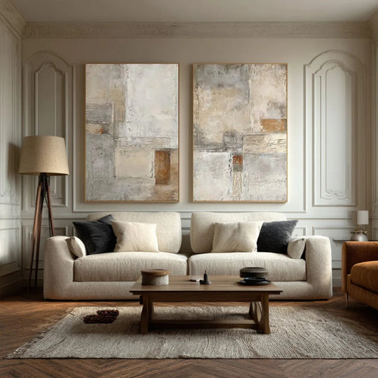Set of 2 Silent Field Neutral Geometric Abstract Painting (Diptych)