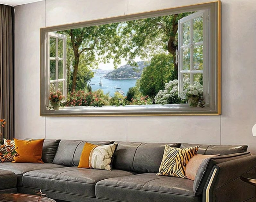 Window Escape–Serene Lake Landscape Painting