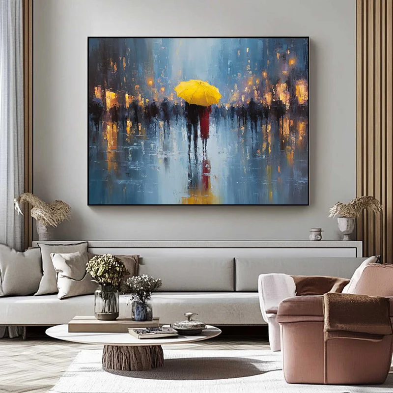 Yellow Umbrella Rainy Street Painting