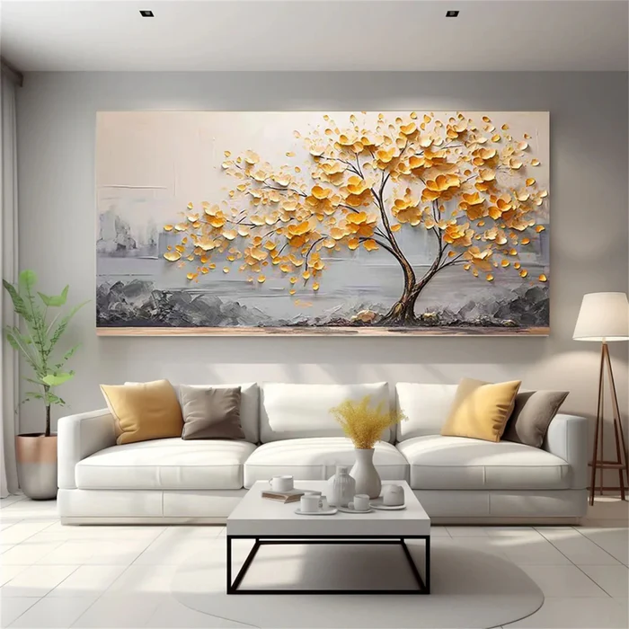 Golden Harmony Textured Tree Painting