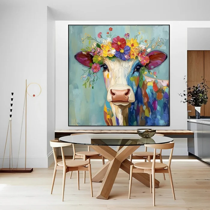 Floral Harmony Colorful Cow Painting