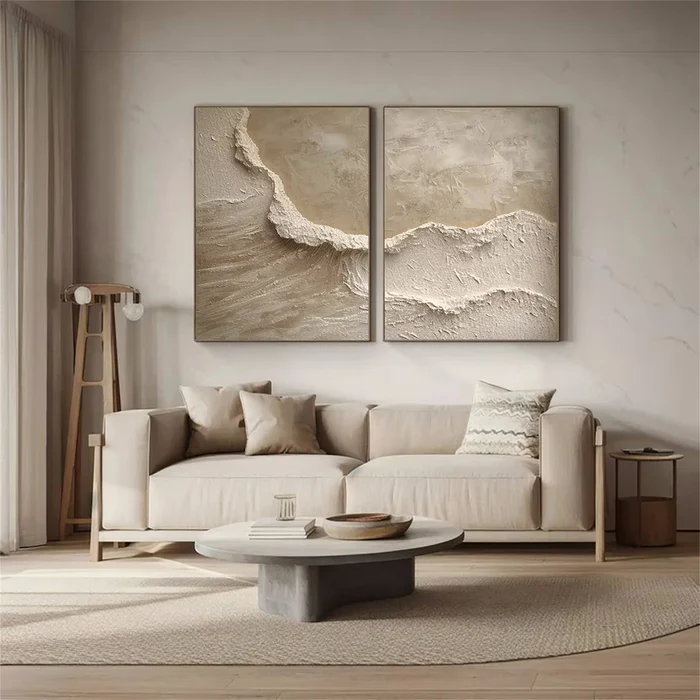 Earth Whisper Beige Textured Abstract Painting Set Set of 2