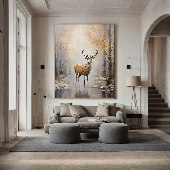 Golden Forest Serenity Deer Painting