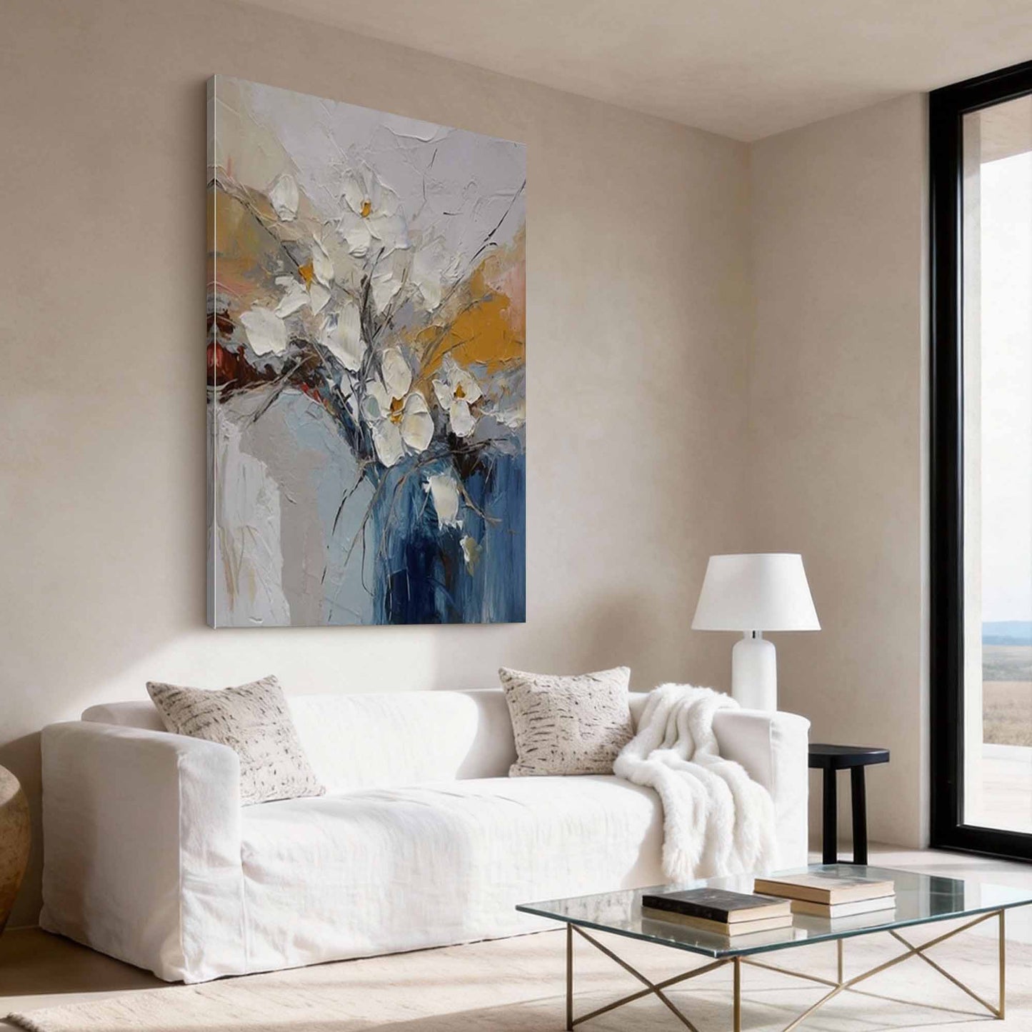 Elegant White Magnolia Impasto Vase Painting
