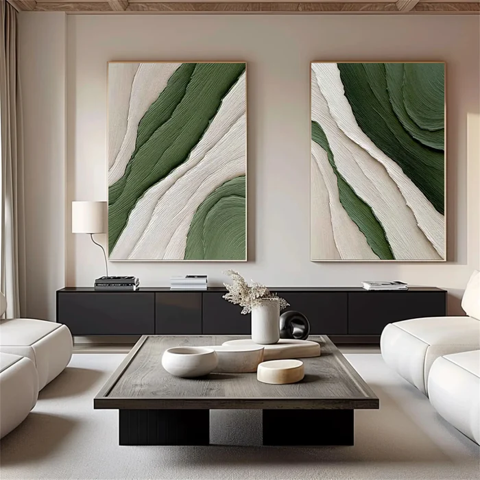 Verdant Flow Green Textured Abstract Painting Set Set of 2