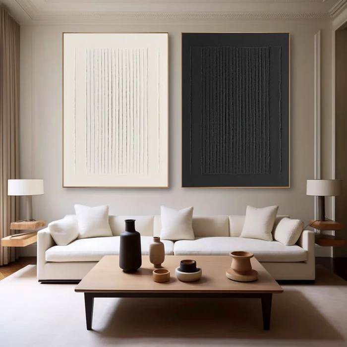 Dual Balance Black and White Textured Painting Set Set of 2