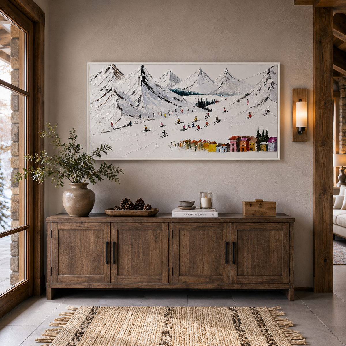 Colorful Ski Resort Winter Textured Landscape Painting