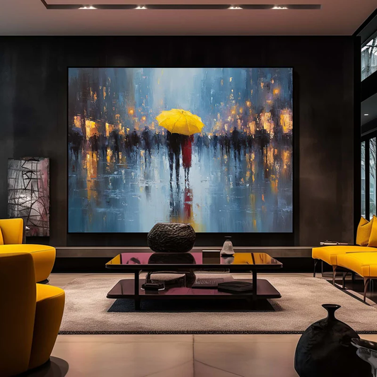 Yellow Umbrella Rainy Street Painting