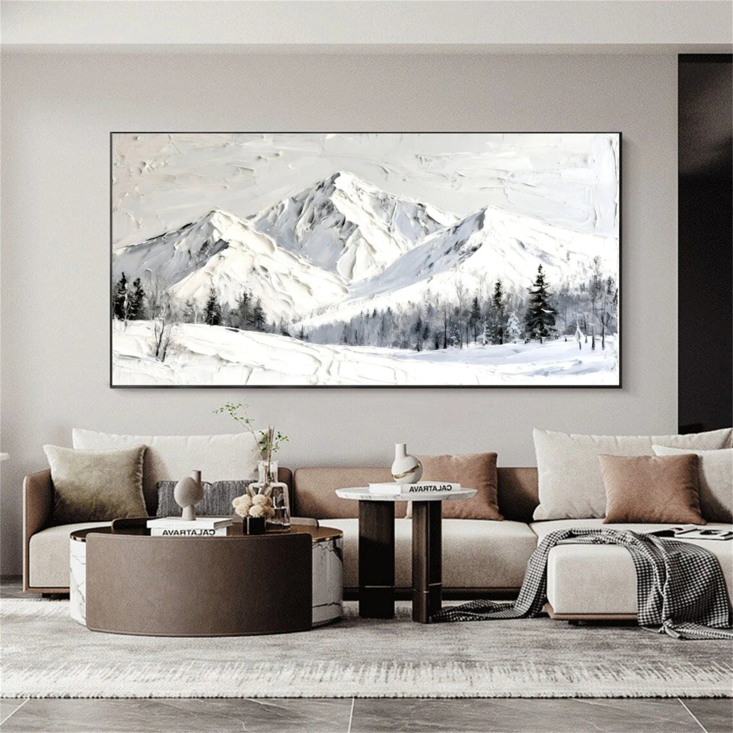 Silent Peaks – White Textured Snow Mountain Painting