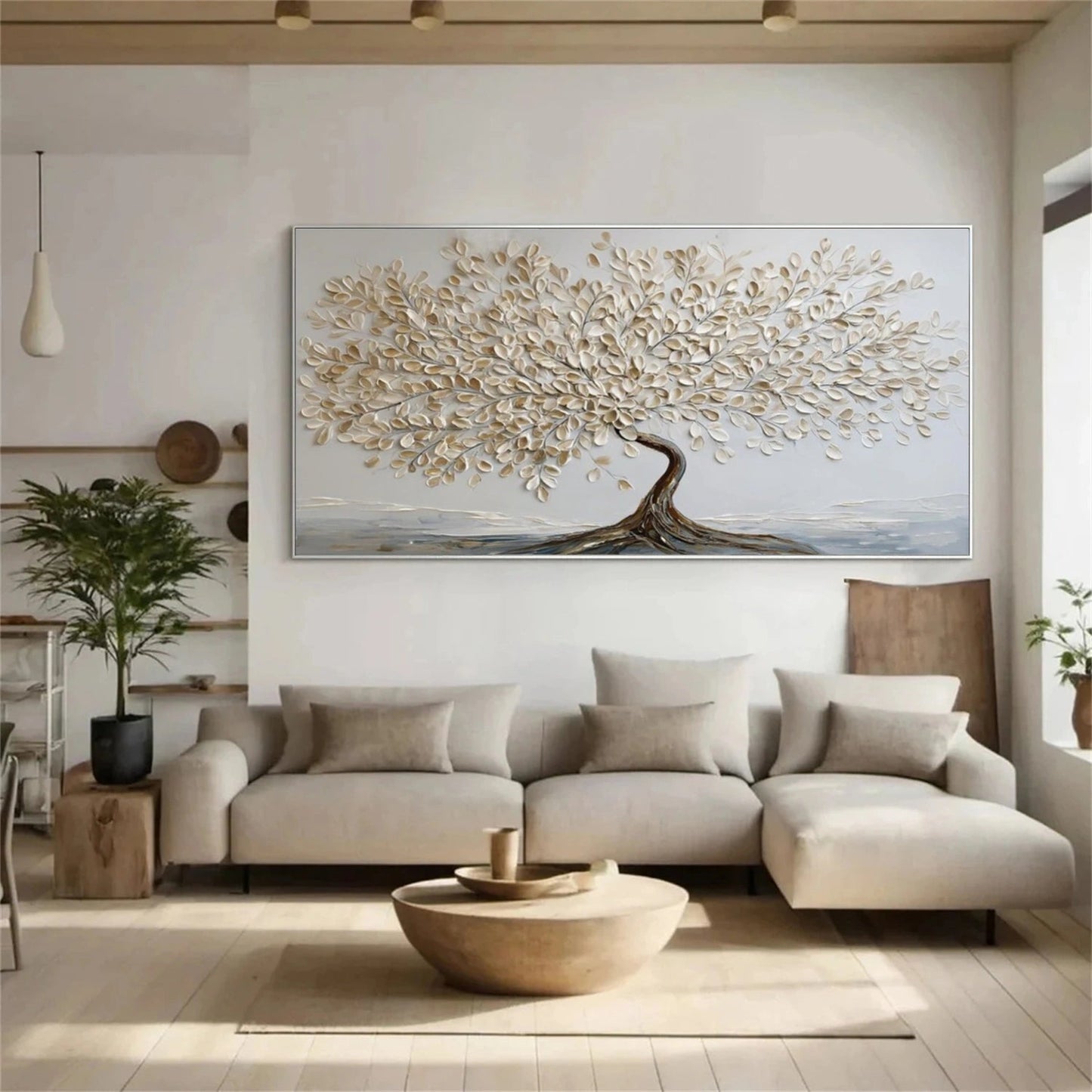 Tranquil Ivory Leaf Tree Abstract Painting