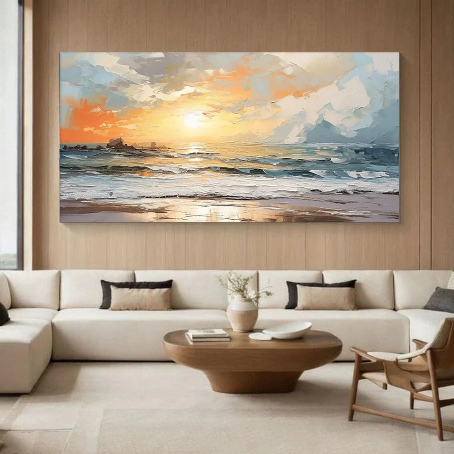 Golden Horizon – Sunset Ocean Texture Painting