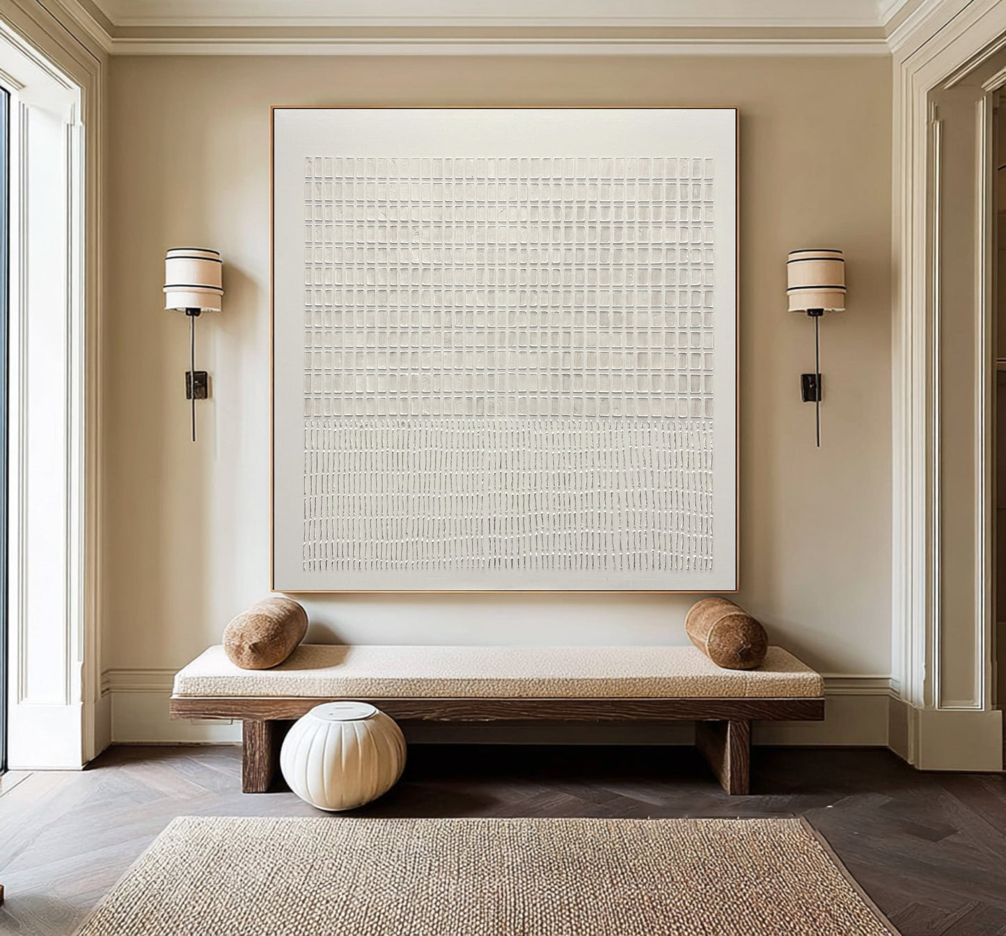 Moonlit White Relief Grid Abstract Painting
