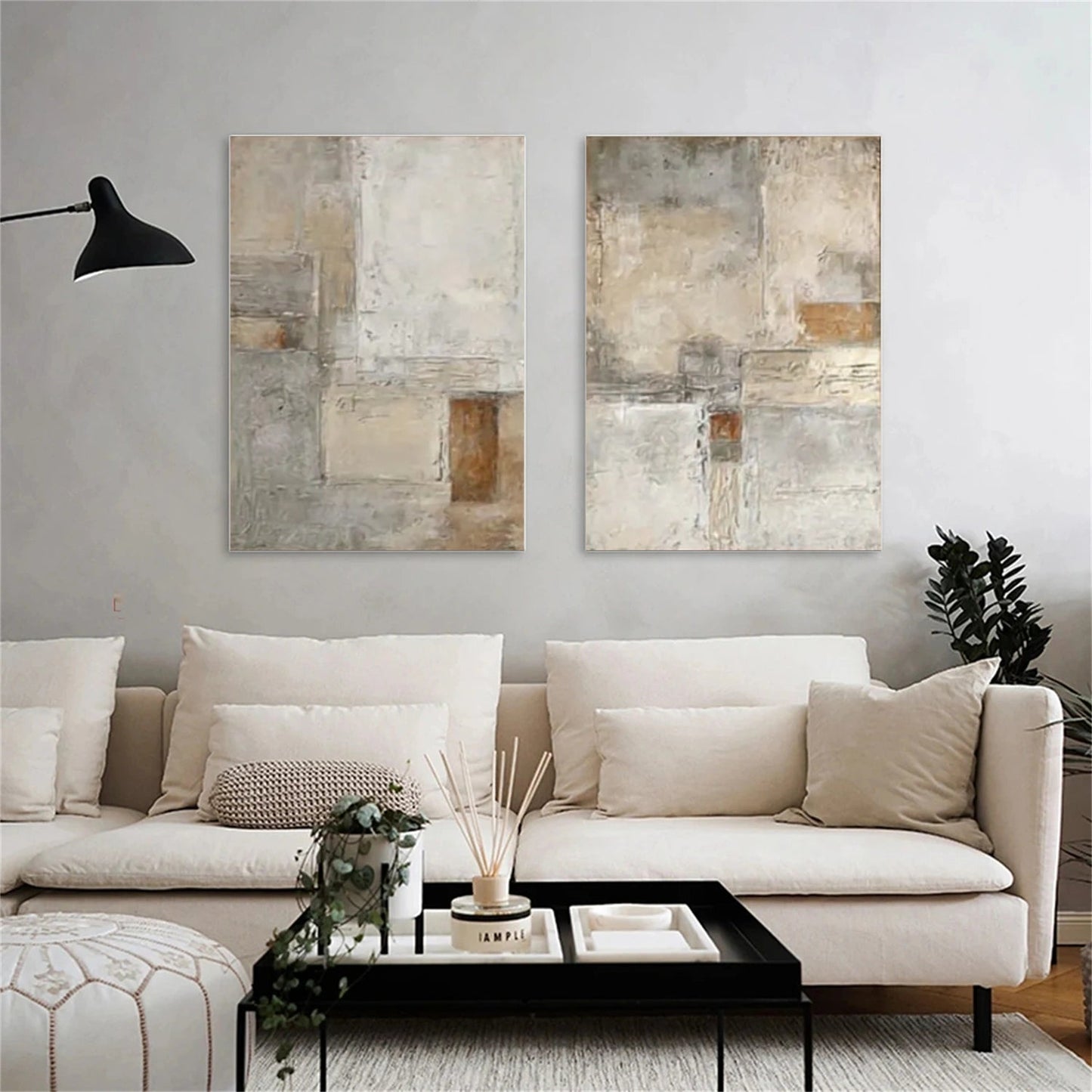 Set of 2 Silent Field Neutral Geometric Abstract Painting (Diptych)