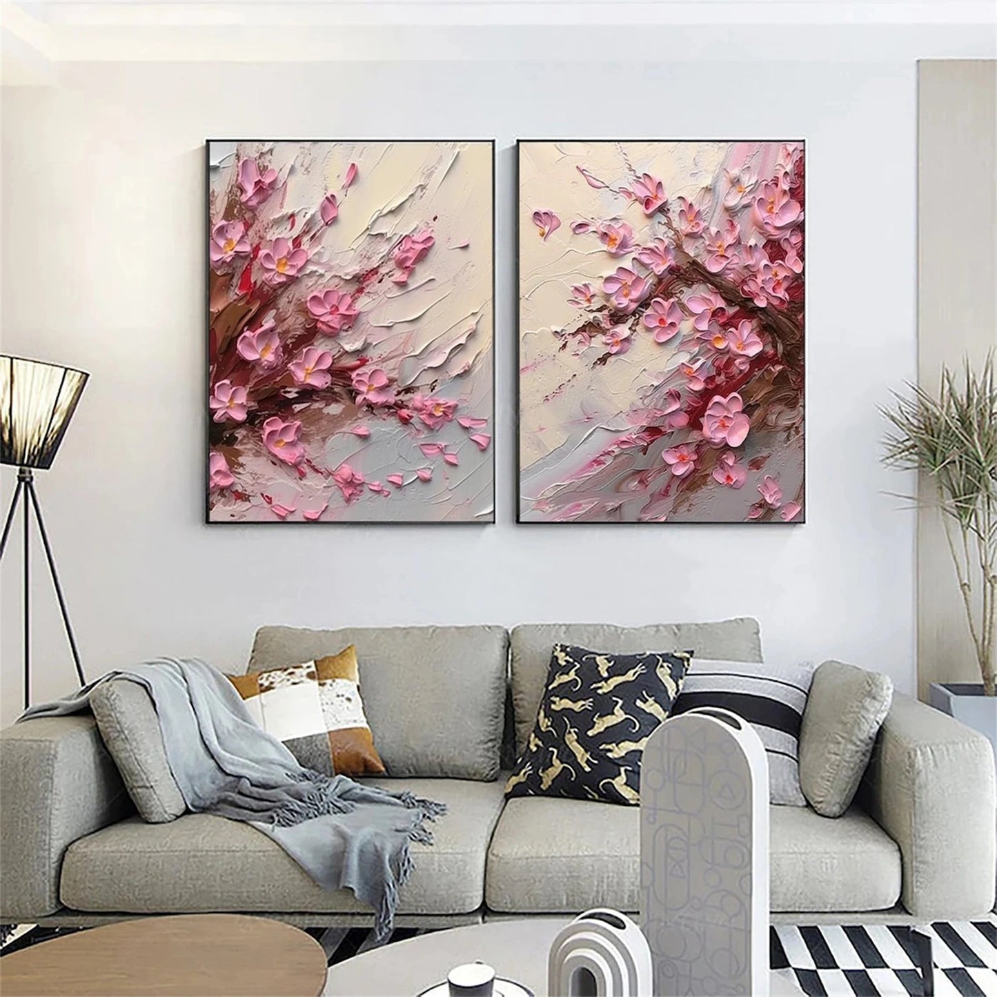 Set of 2 Soft Blush Petal Motion Floral Diptych Painting