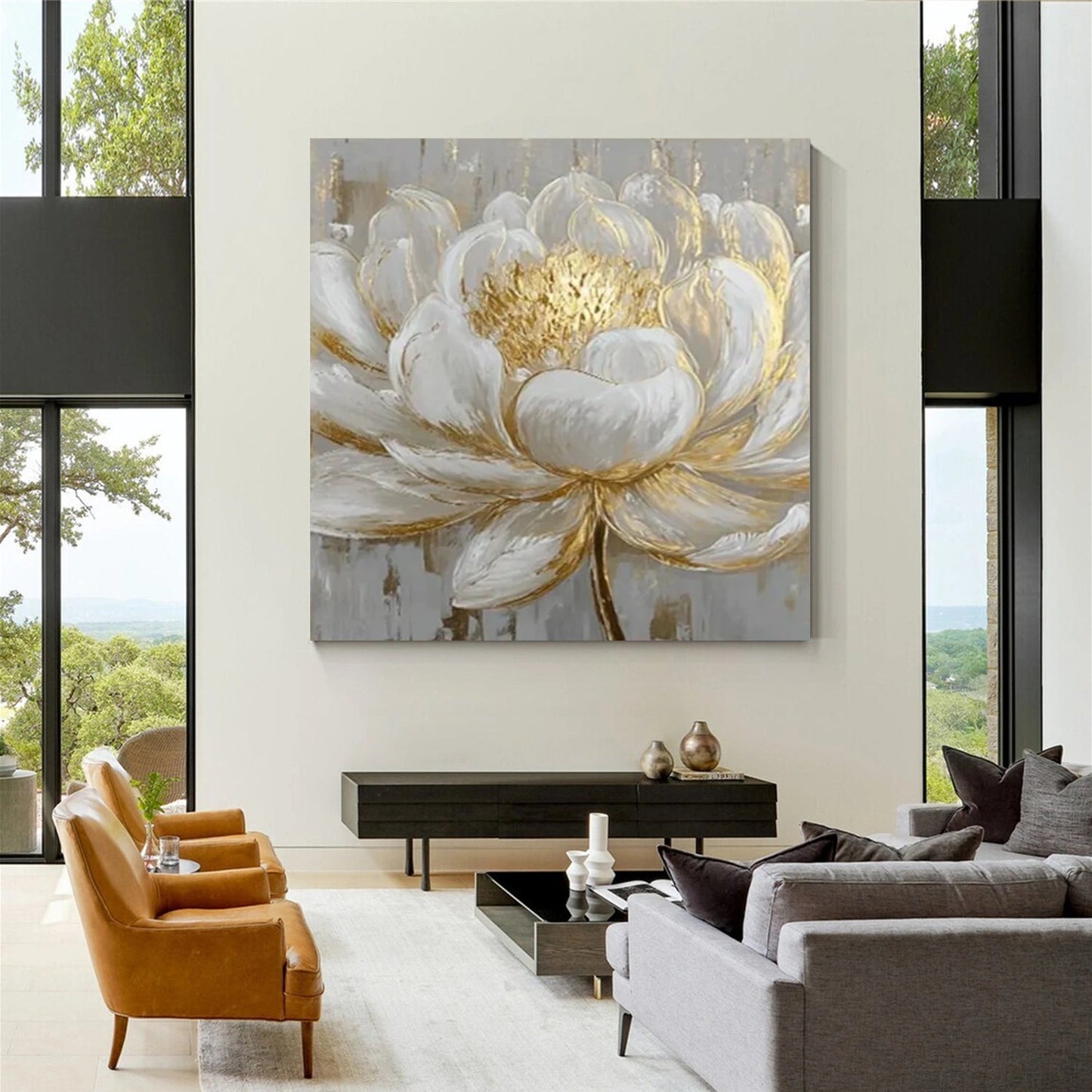 Gilded White Lotus Abstract Painting