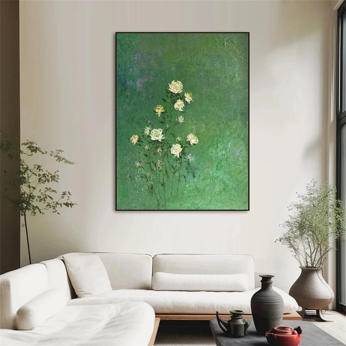 Verdant Whisper Yellow Rose Abstract Painting