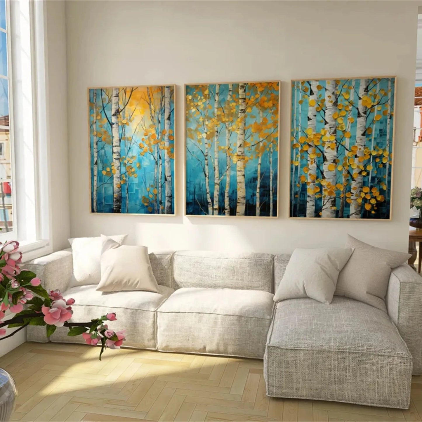 Golden Leaves Birch Forest Triptych Painting Set of 3