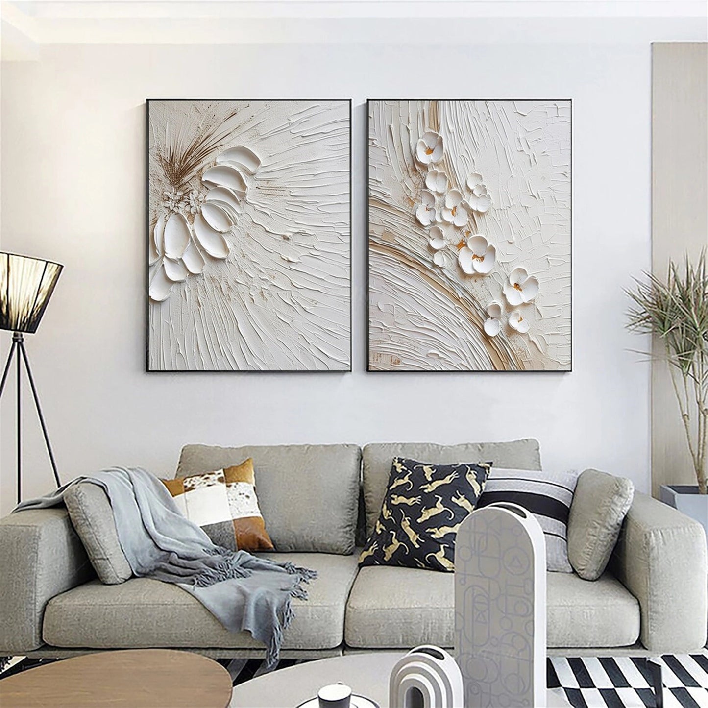 Set of 2 Ivory Whisper Textured Floral Abstract Painting
