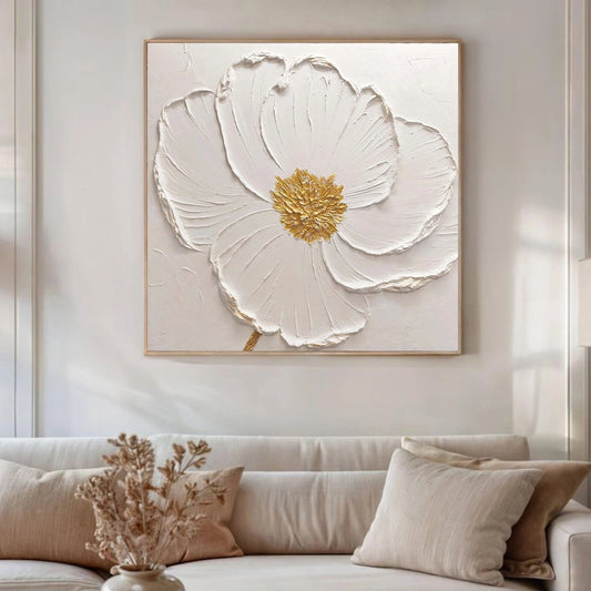 Ivory Bloom Gold-Centered Floral Painting