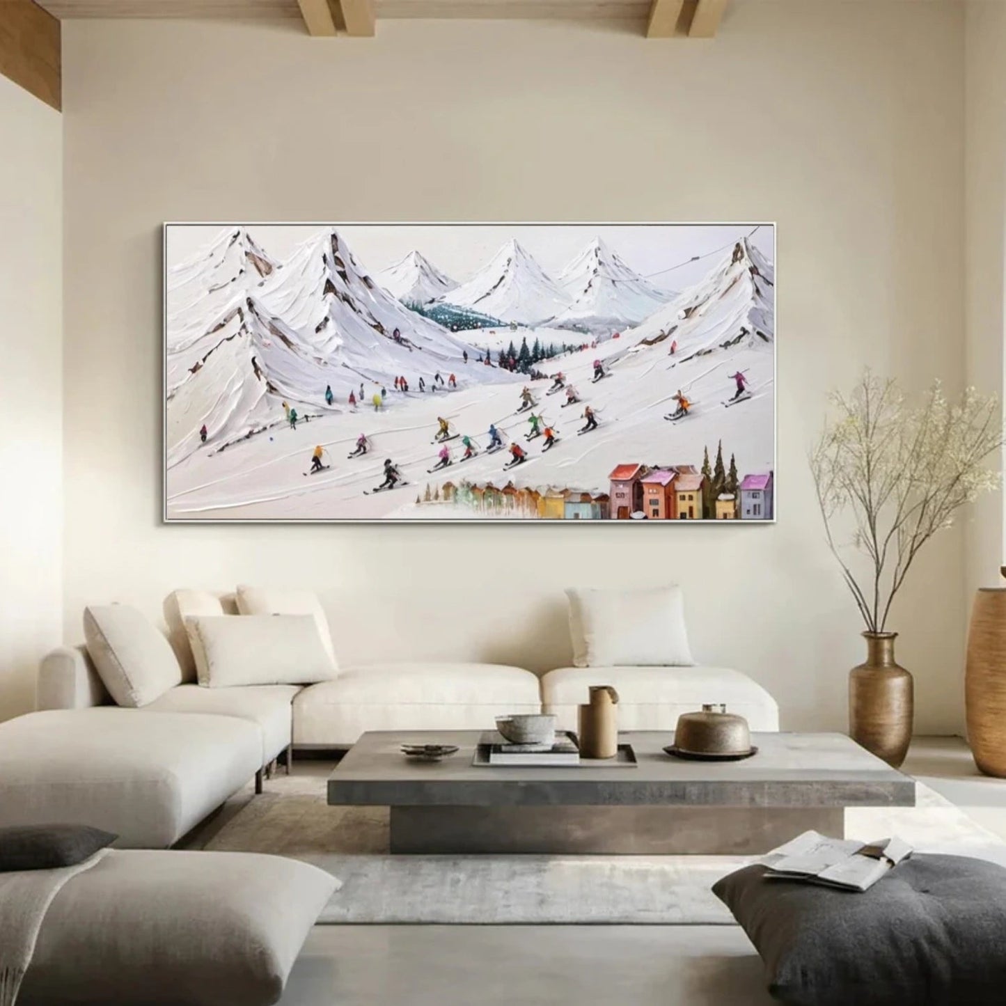 Colorful Ski Resort – Winter Textured Landscape Painting