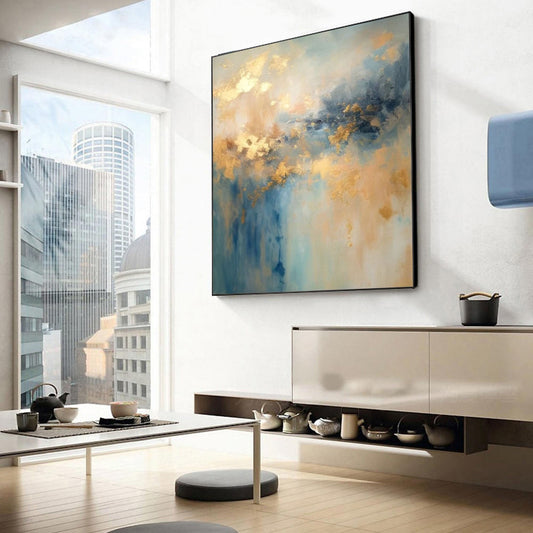 Golden Mist Blue Abstract Painting