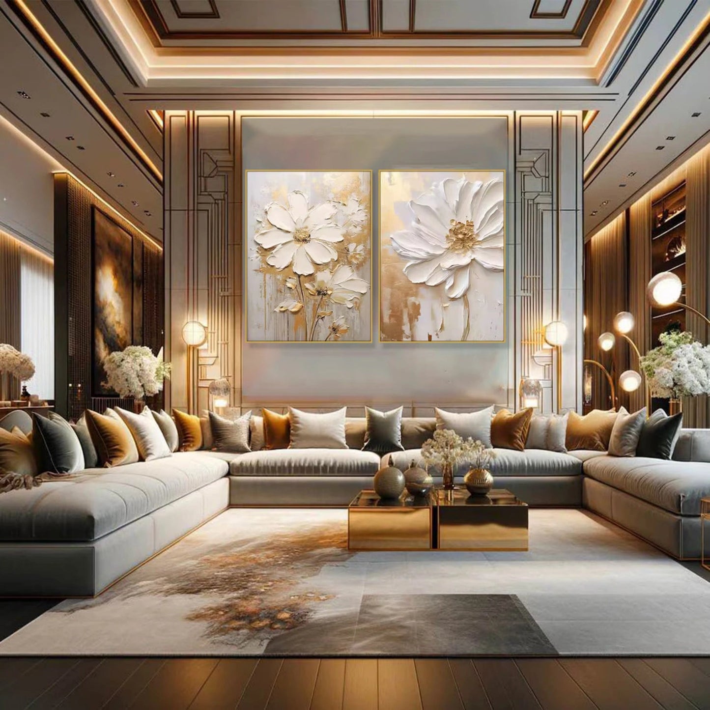 Set of 2 Soft Cream Gold Blossom Diptych Painting