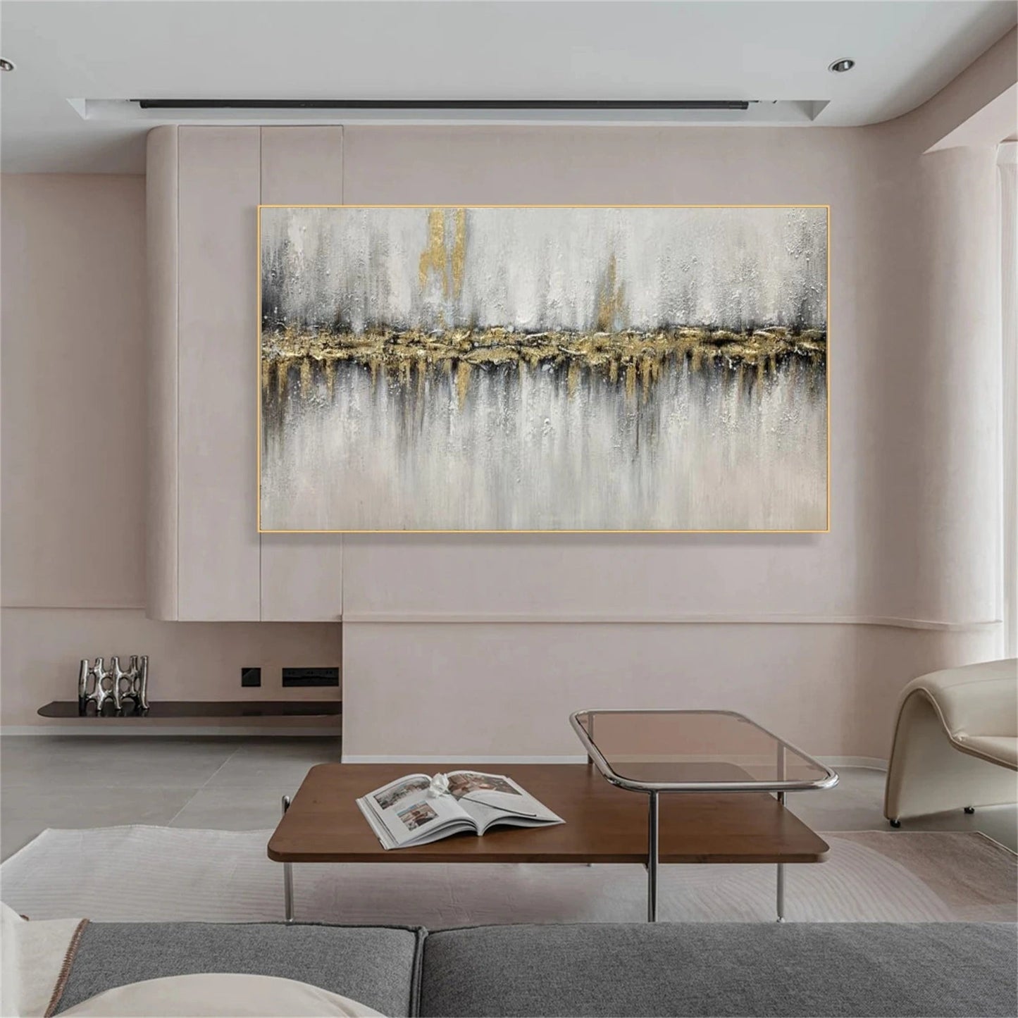 Golden Rift Gray Textured Abstract Painting