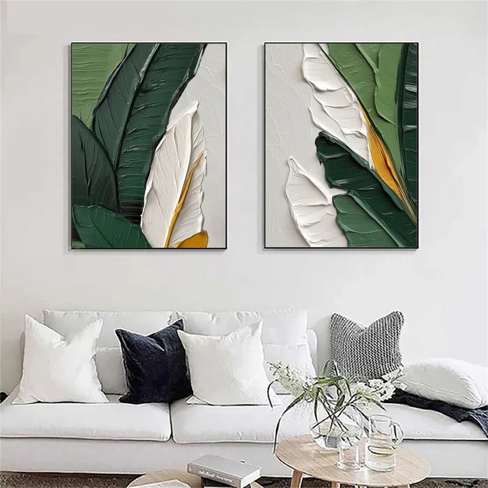 Verdant Harmony Leaf Textured Painting Set Set of 2