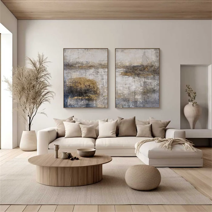 Golden Haze Abstract Landscape Painting Set Set of 2