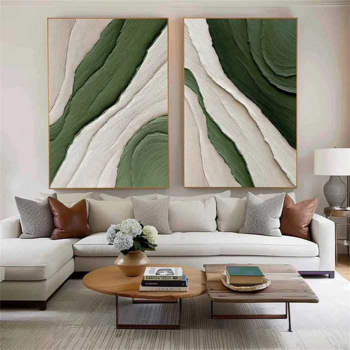 Verdant Flow Green Textured Abstract Painting Set Set of 2