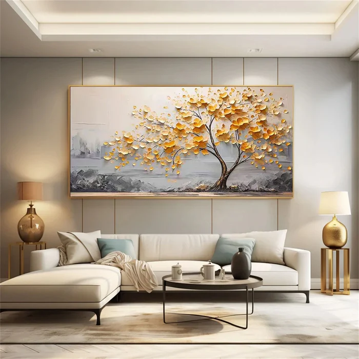 Golden Harmony Textured Tree Painting