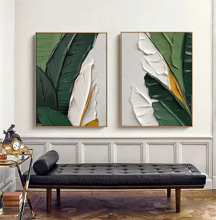 Verdant Harmony Leaf Textured Painting Set Set of 2