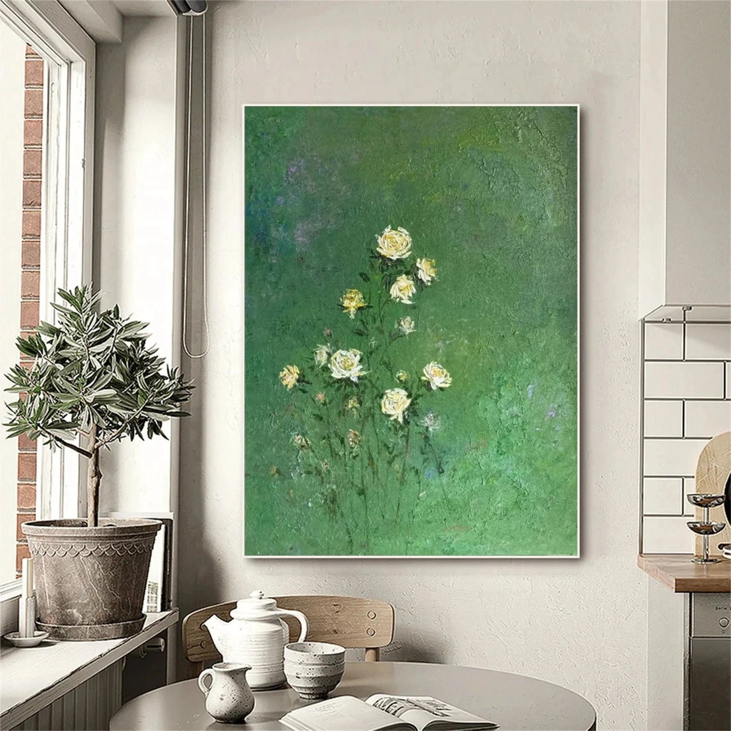 Verdant Whisper Yellow Rose Abstract Painting