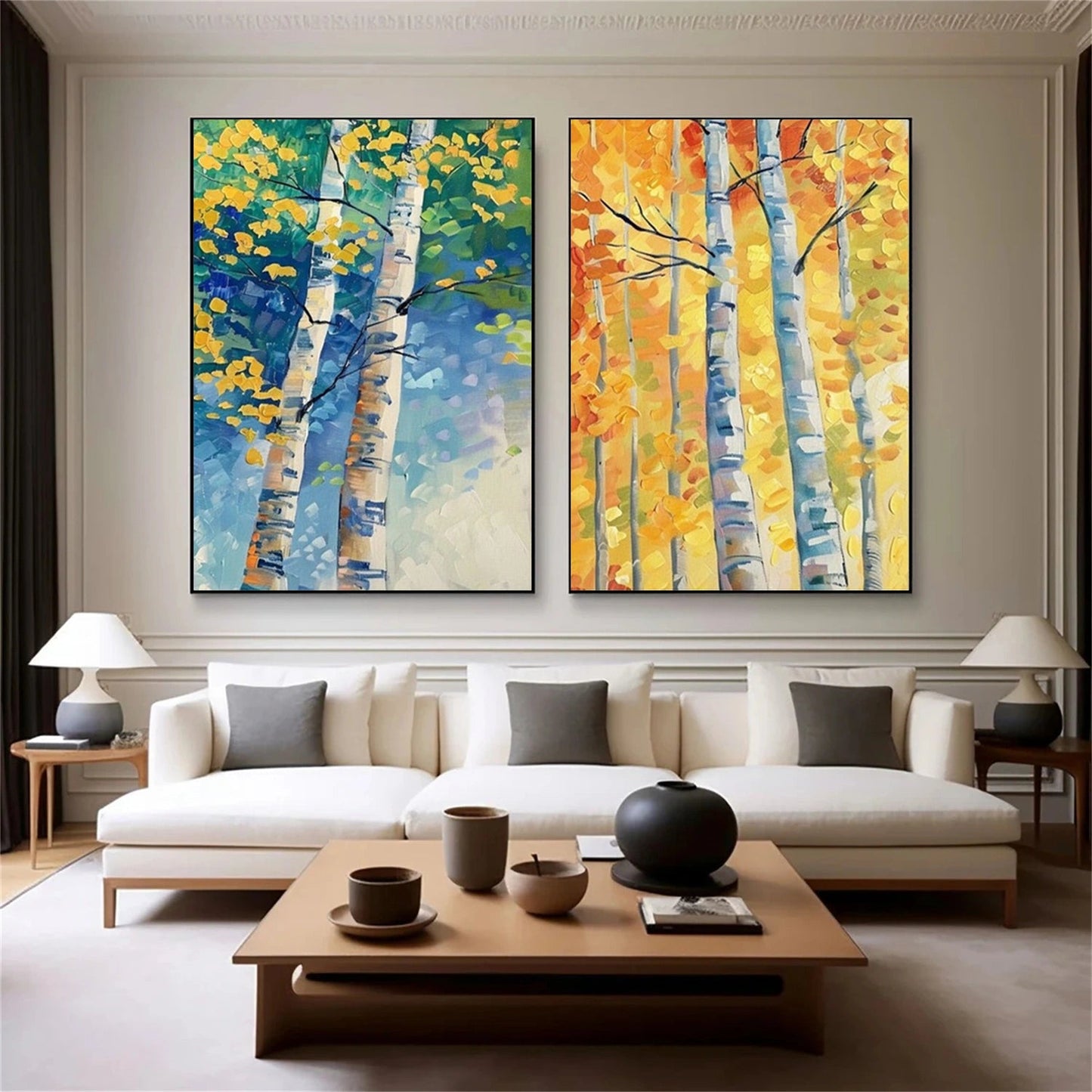Set of 2 Autumn Light Birch Diptych Painting