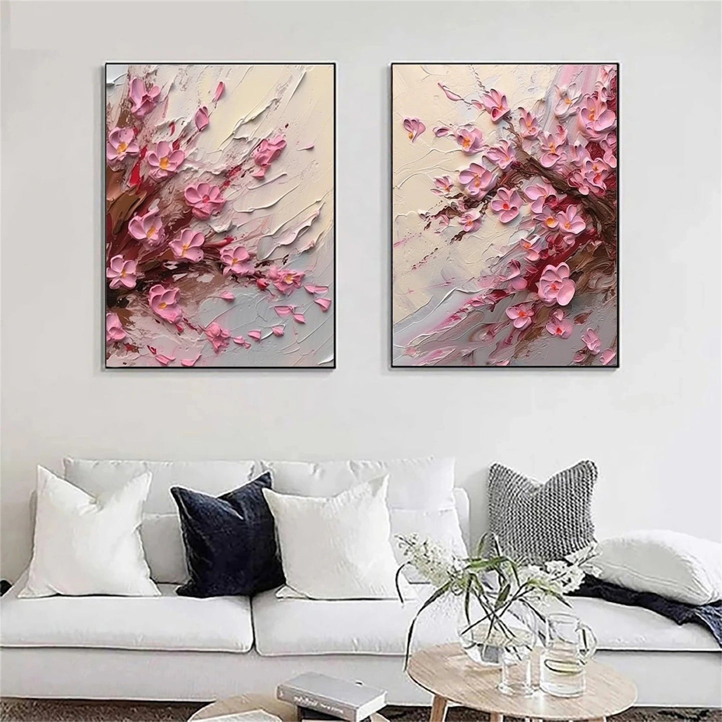 Set of 2 Soft Blush Petal Motion Floral Diptych Painting